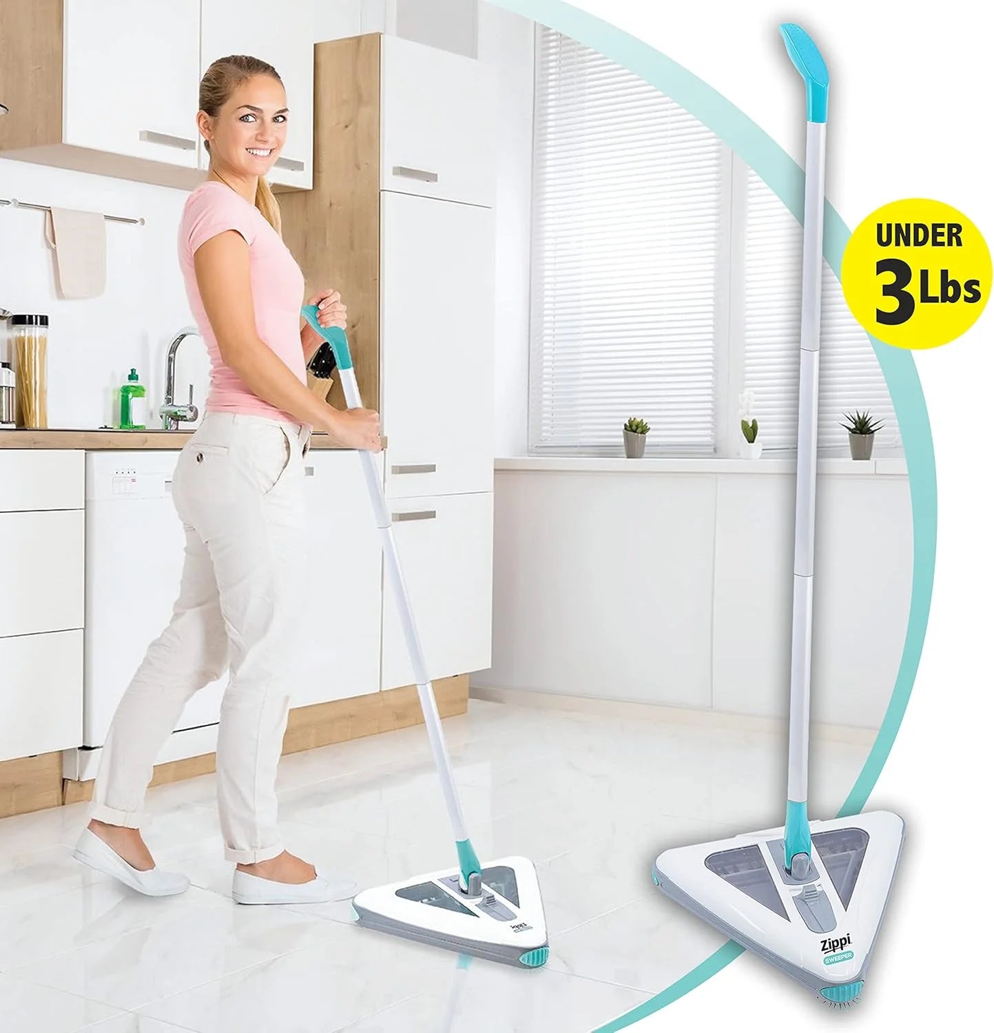 2025 Zippi Sweeper Max- Powerful and Lightweight Sweeper  Perfect for Carpet Hardwood and Tile  Triangular Design Allows for Sweeping in Corners  1000 mAh Rechargeable Battery