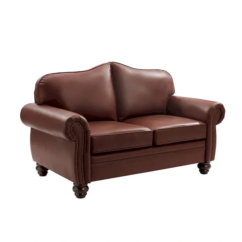 Leather Loveseat Sofa with Rolled Arms and Nailhead Trim