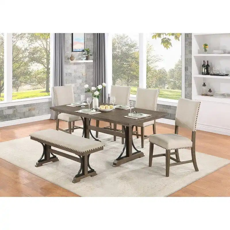 Rustic Dining Set with Upholstered Chairs & Nailhead Trim