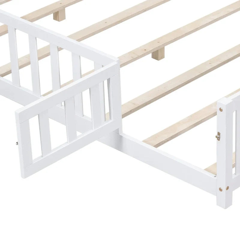 Kids' Full-Size Wooden Floor Bed with Fence and Door