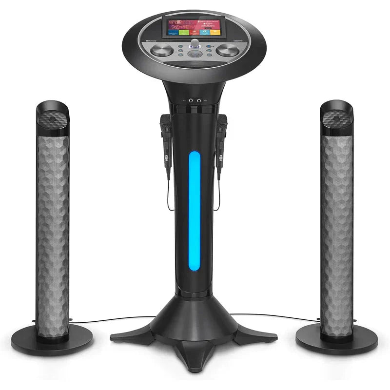 Portable WiFi Karaoke Machine for Adults �� Black Pedestal with 7�� Touchscreen, Built-In Speaker, Bluetooth, Recorder & 2 Wired Microphones