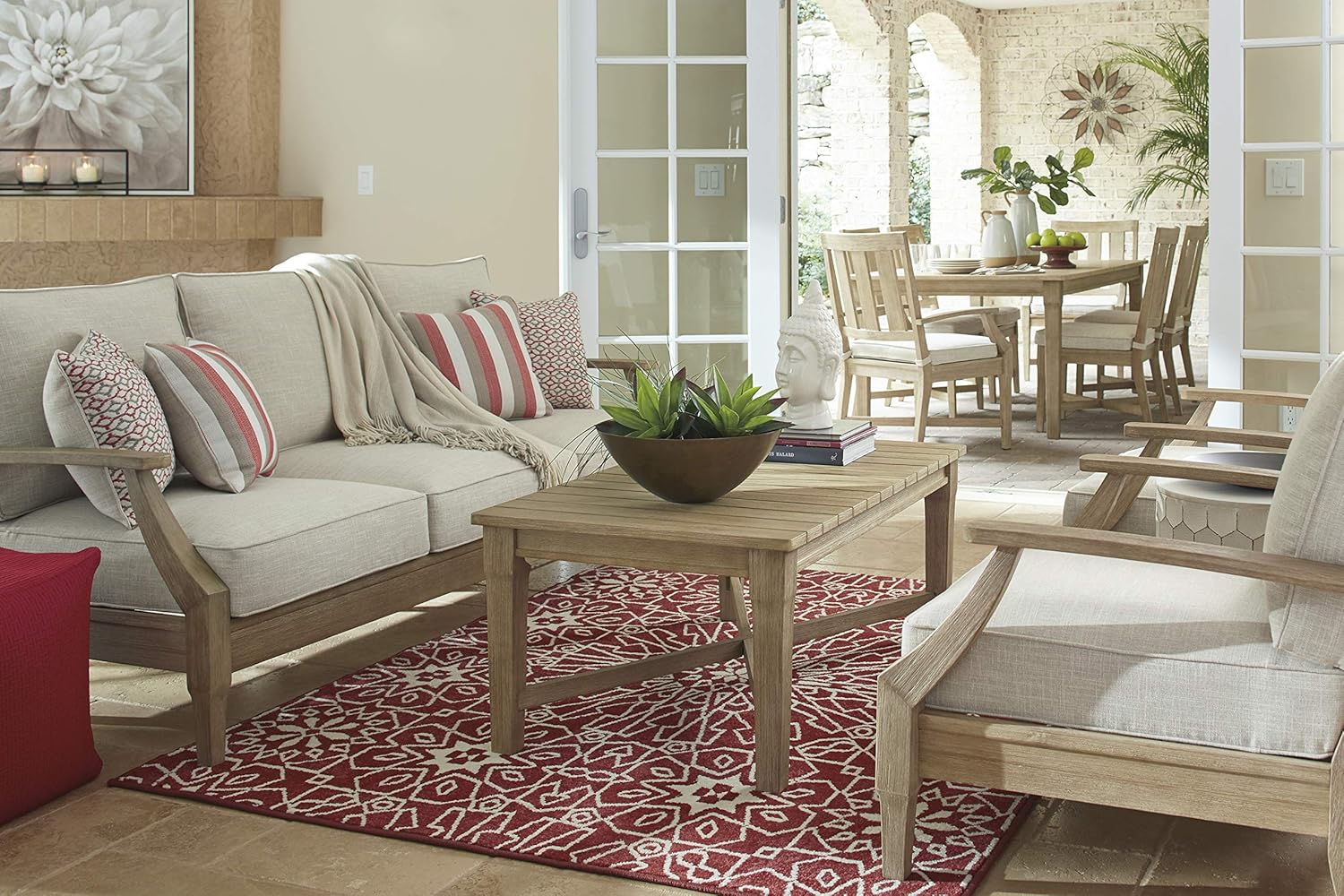 Signature Design by Ashley Clare View Coastal Outdoor Patio Eucalyptus Sofa with Cushions, Beige