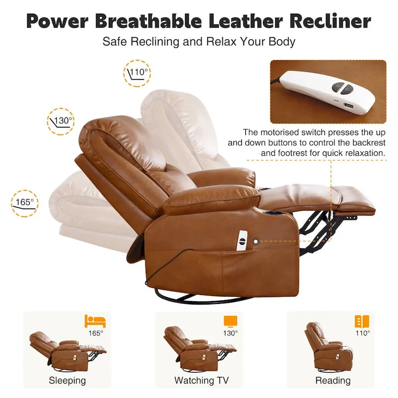 HOMYKA 34.2-Inch Wide Faux Leather Swivel Rocking Power Recliner Chair with USB Charging Port