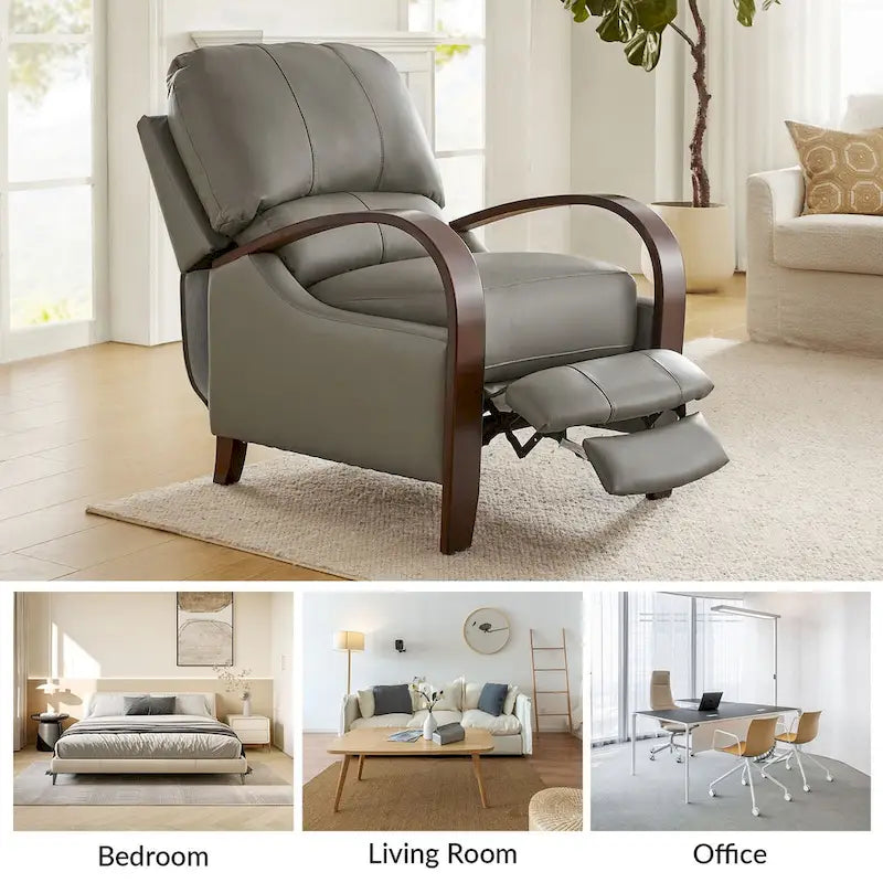 Set of 2 Alex Mid-Century Modern Genuine Leather Manual Recliners with Curved Wooden Arms