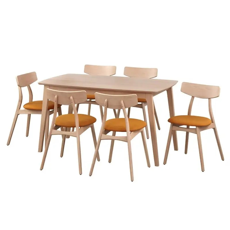 Mid Century Dining Table Set with 6 Upholstered Chairs and Wooden Frame
