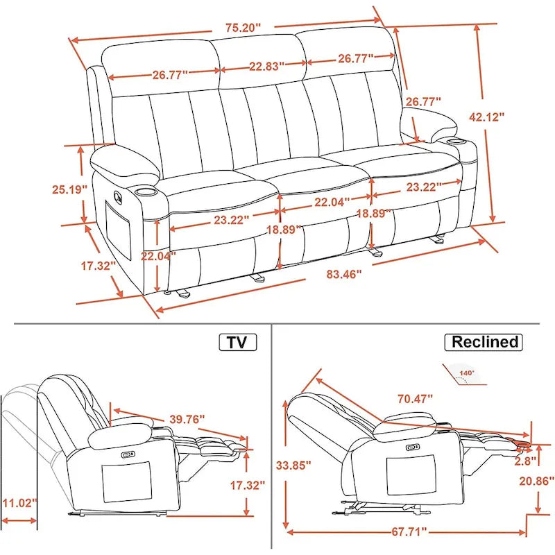 MCombo Faux Leather Electric Reclining Sofa with Heat and Massage - Models 6095/6075/6077