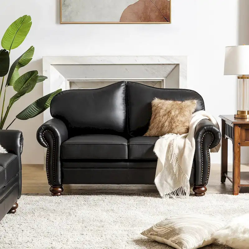 Leather Loveseat Sofa with Rolled Arms and Nailhead Trim