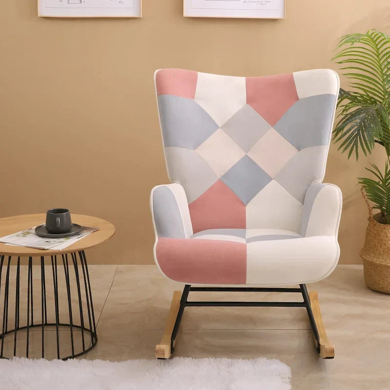 Mid-Century Patchwork Linen Rocking Chair with Wooden Legs