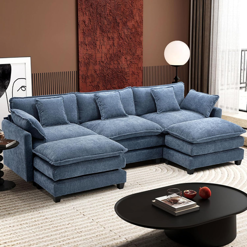 Ihanherry 146" U-Shaped Modern Sofa Modular Sectional Cloud Couch with 2 Ottoman, 6-Seat Chenille Deep Seat Sofa with 6 Pillows for Living Room, Bedroom and Apartment, Grey