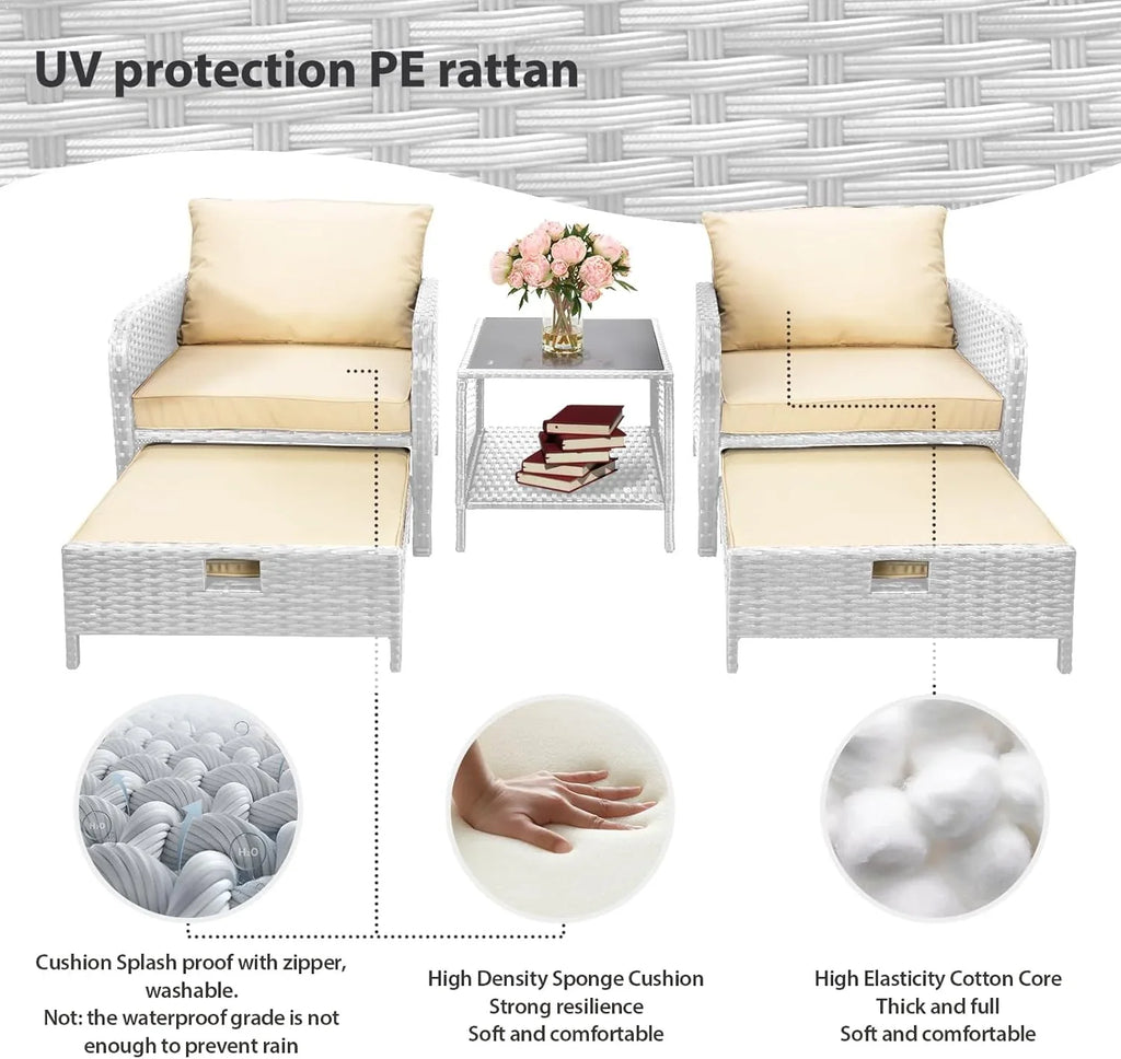 LEVELEVE Balcony Furniture 5 Piece Patio Conversation Set, PE Wicker Rattan Outdoor Lounge Chairs with Soft Cushions 2 Ottoman&Glass Table for Porch, Lawn-Brown Wicker