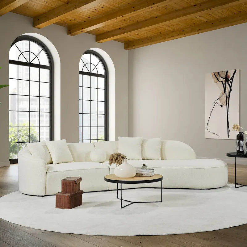 Luxury Modern Curved Sofa in White with Gallar Japandi Style Boucle Fabric
