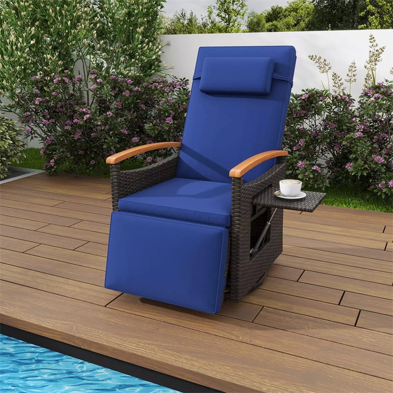 Outdoor 360° Swivel Rattan Recliner Chair with Adjustable Backrest & Footrest, Patio Wicker Chaise Lounge Chair with Flip Side Table & Cushion