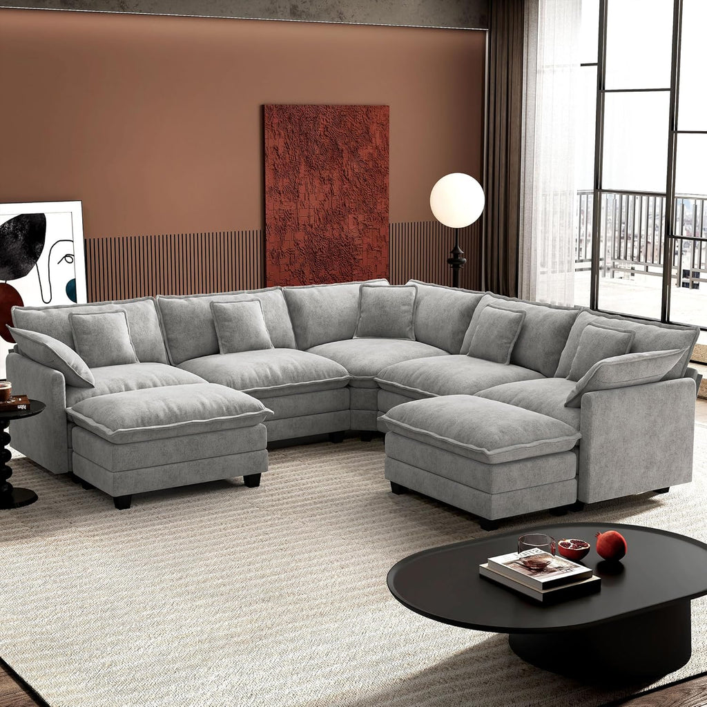 Ihanherry 146" U-Shaped Modern Sofa Modular Sectional Cloud Couch with 2 Ottoman, 6-Seat Chenille Deep Seat Sofa with 6 Pillows for Living Room, Bedroom and Apartment, Grey