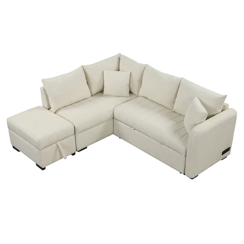 Sectional Sofa Bed with Storage Ottoman USB Ports and Pull Out Design