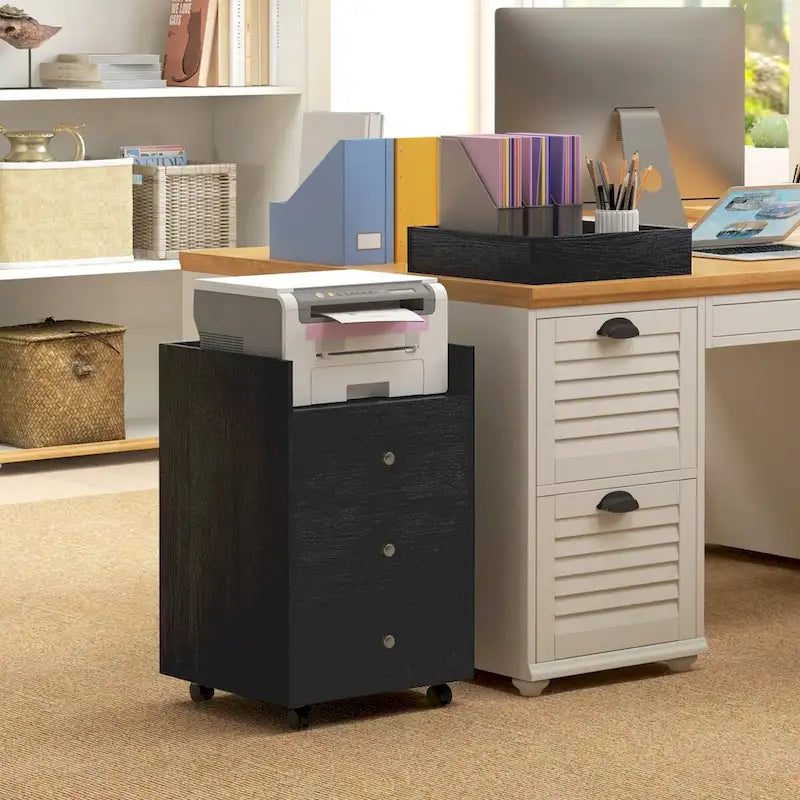HOMCOM Mobile 3-Drawer Office Storage Cabinet with Removable Tray - Under-Desk Printer Stand on Wheels