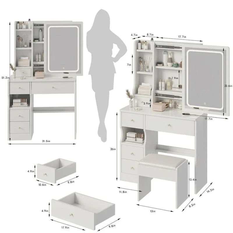 LED Mirror Makeup Vanity with Left Drawer, USB Charging Station, and Padded Stool