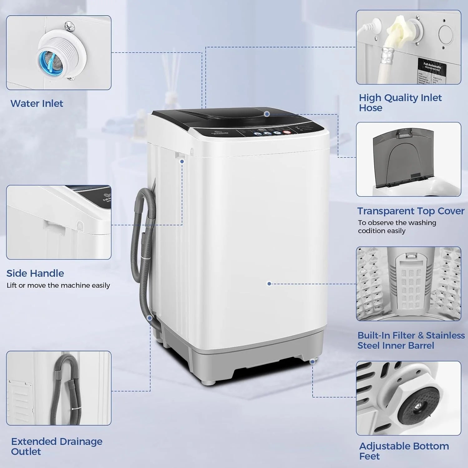 20Lbs Portable Washing Machine Nictemaw Portable Washer, 2.8 Cu.ft Washer and Dryer Combo with Drain Pump, 10 Programs 8 Water Level Compact Laundry Washer for Home, Apartment, RV, Dorms
