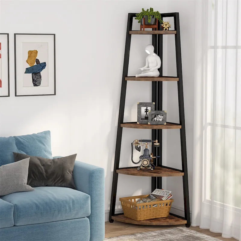 Rustic Brown 5-Tier Corner Shelf Storage Tower for Bathroom