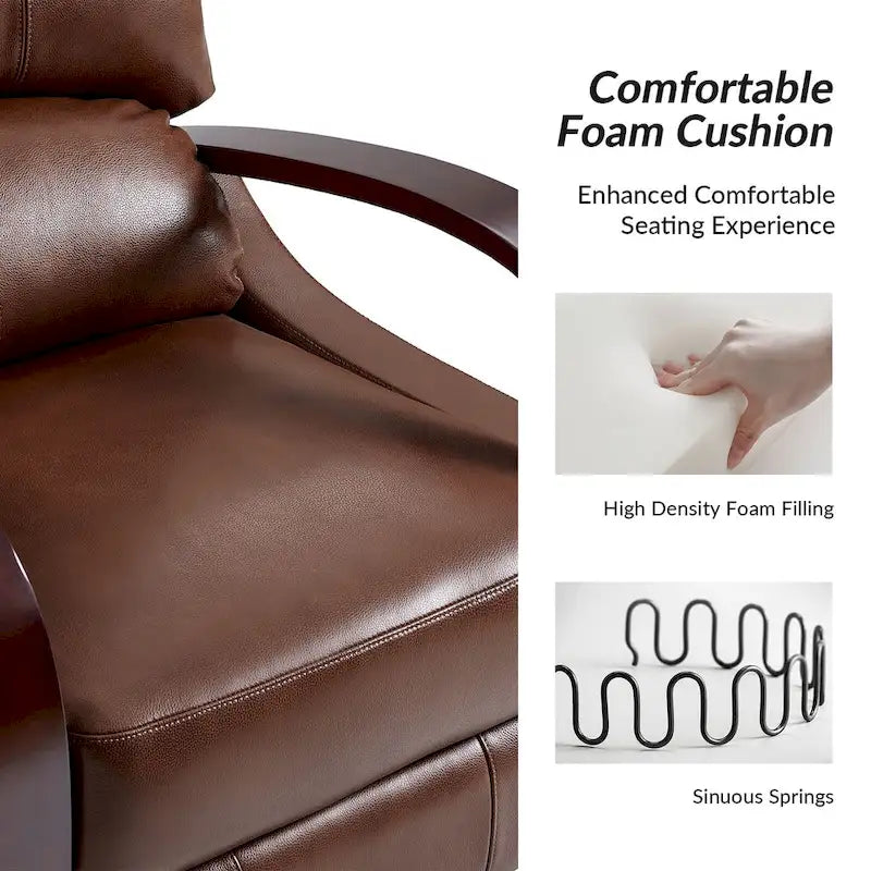 Set of 2 Alex Mid-Century Modern Genuine Leather Manual Recliners with Curved Wooden Arms