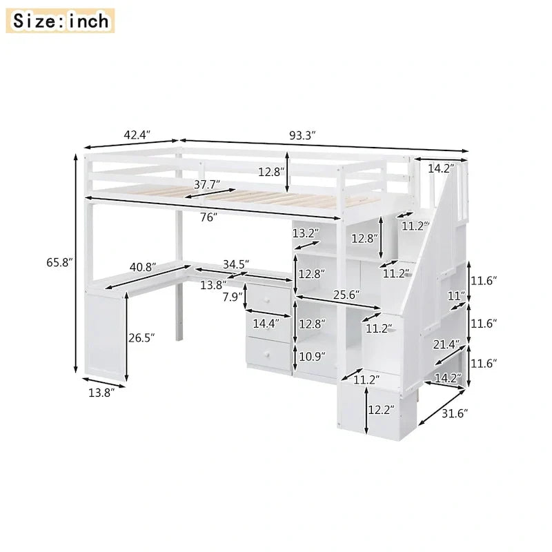 Loft Bed with Desk Storage Drawers Shelves and Staircase