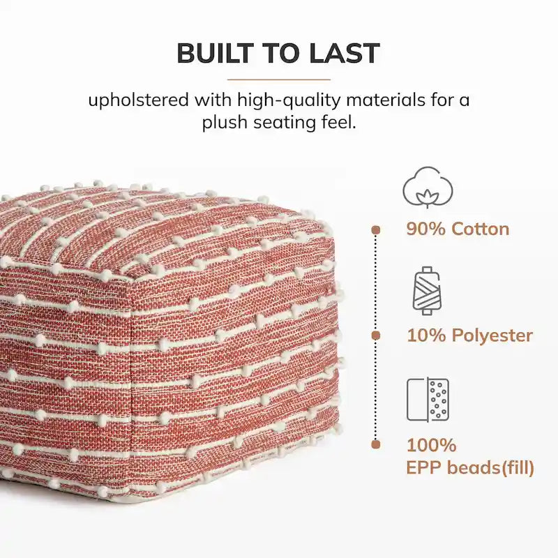 Handmade 22-Inch Square Pouf Ottoman by Jani Surin - Versatile Footrest for Living Room, Bedroom, Nursery, and Kids' Room