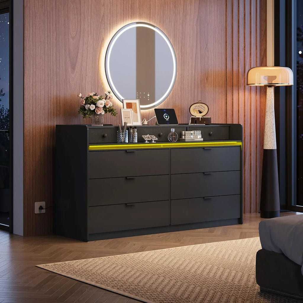9 Drawer Led Dresser for Bedroom, 58.35'' Wide Wood Dresser Storage Organizer with Power Outlets for 65'' TV, Dressers with Open Shelves