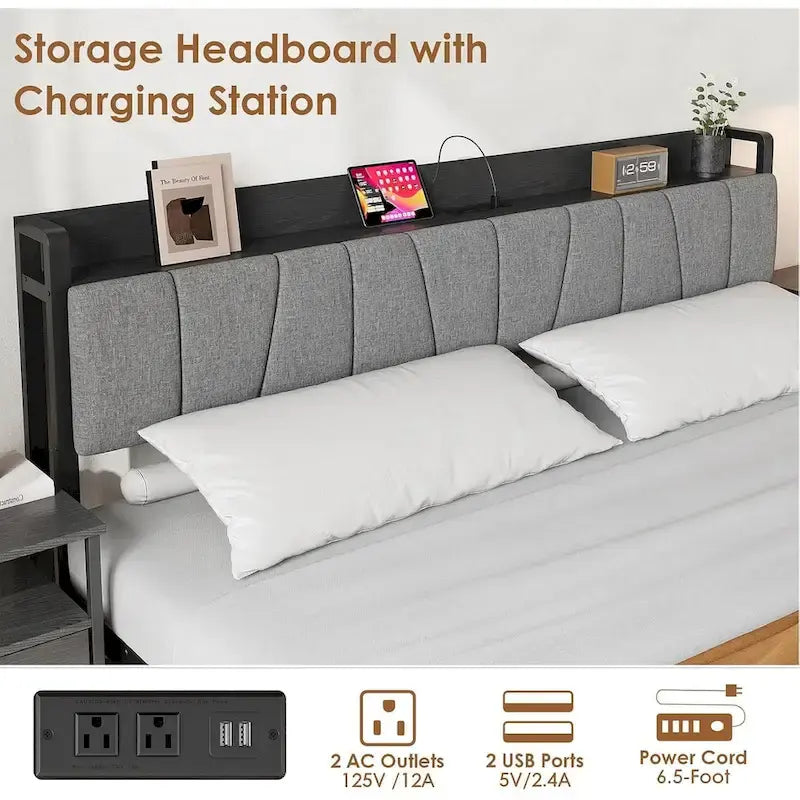 Industrial Black Bed Frame with Storage Headboard, Featuring 2 Spacious Drawers and Built-in Charging Station