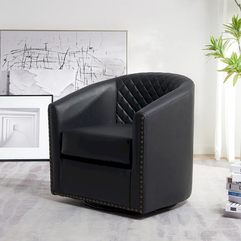 KINWELL 29 Wide Tufted PU Leather Swivel Barrel Chair