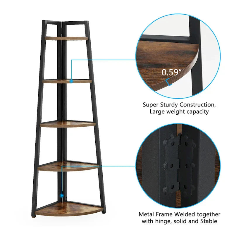 Rustic Brown 5-Tier Corner Shelf Storage Tower for Bathroom