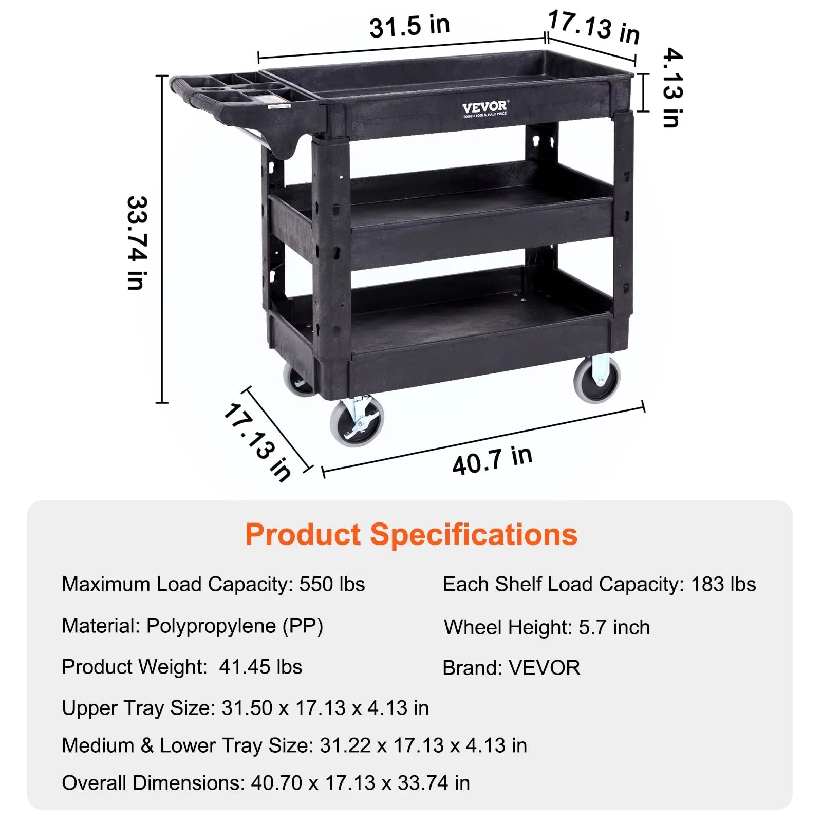 VEVOR 3 Shelf 550LBS Heavy Duty Plastic Rolling Utility Cart