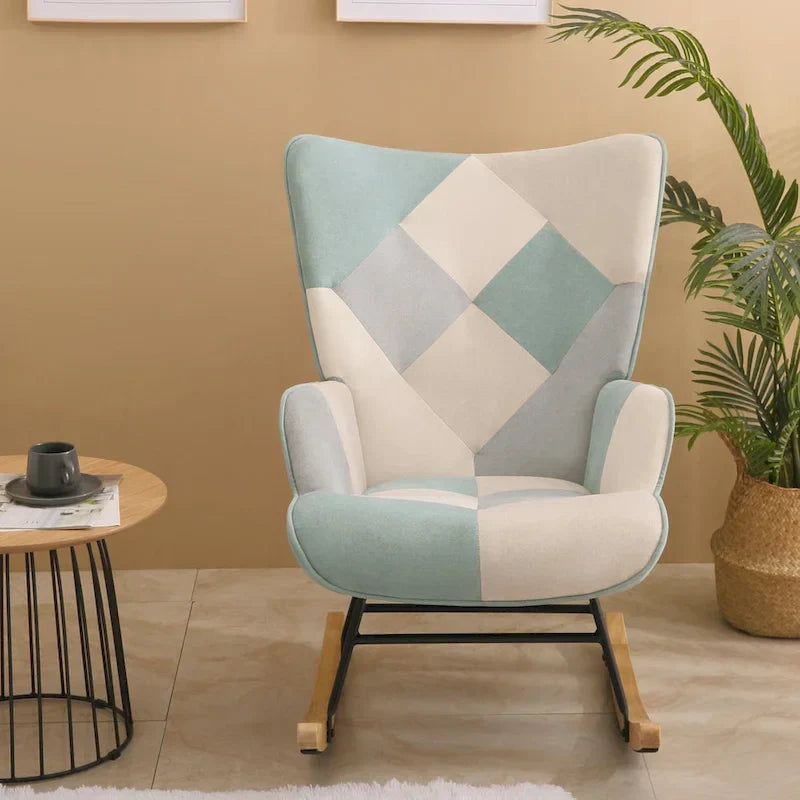 Mid-Century Patchwork Linen Rocking Chair with Wooden Legs