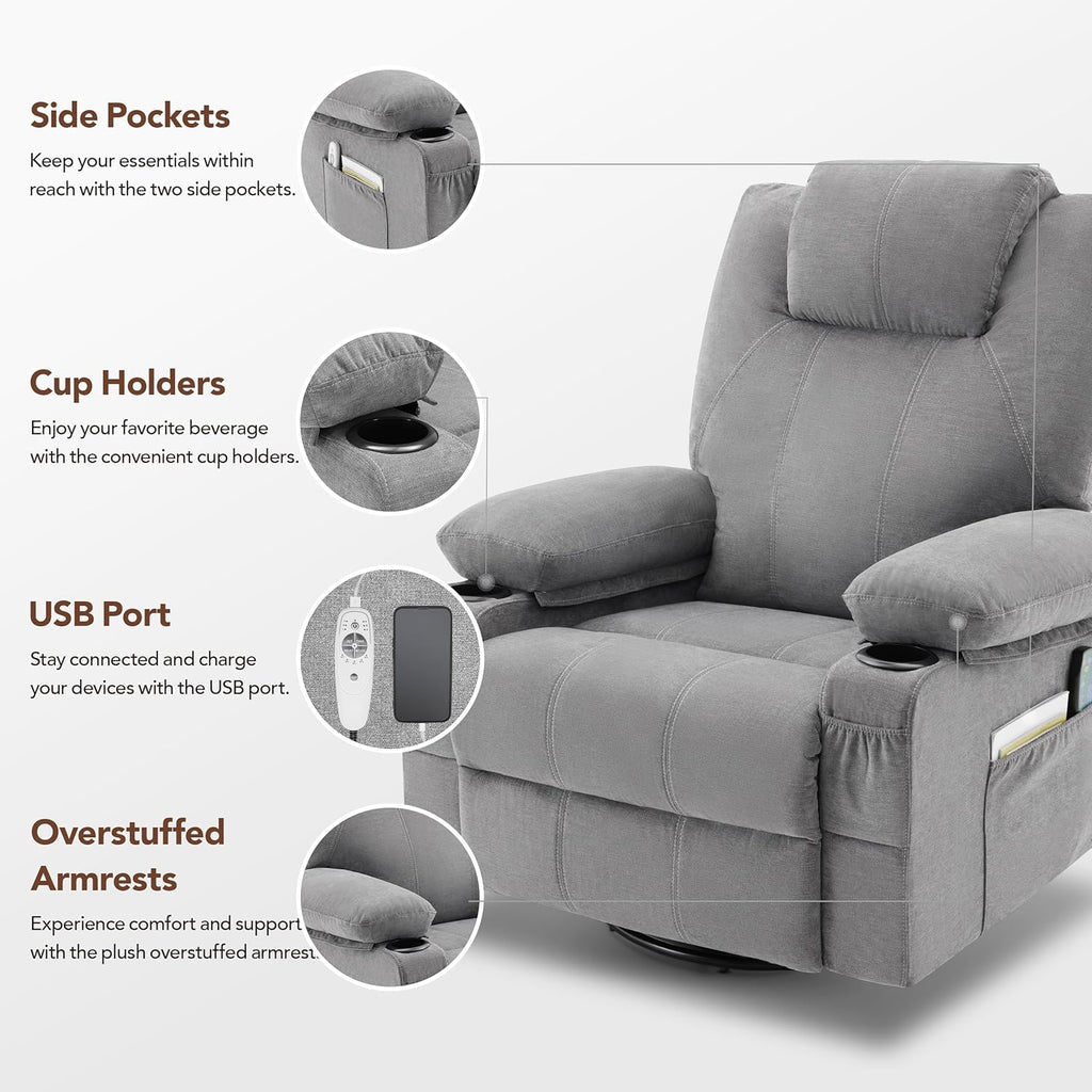 Oversized Swivel Rocker Recliner Chair with Heat and Massage, 360 Degree Swivel Rocking Single Sofa with Cup Holders and USB Port, Large Big Recliner Chair for Living Room (Leather, Brown)