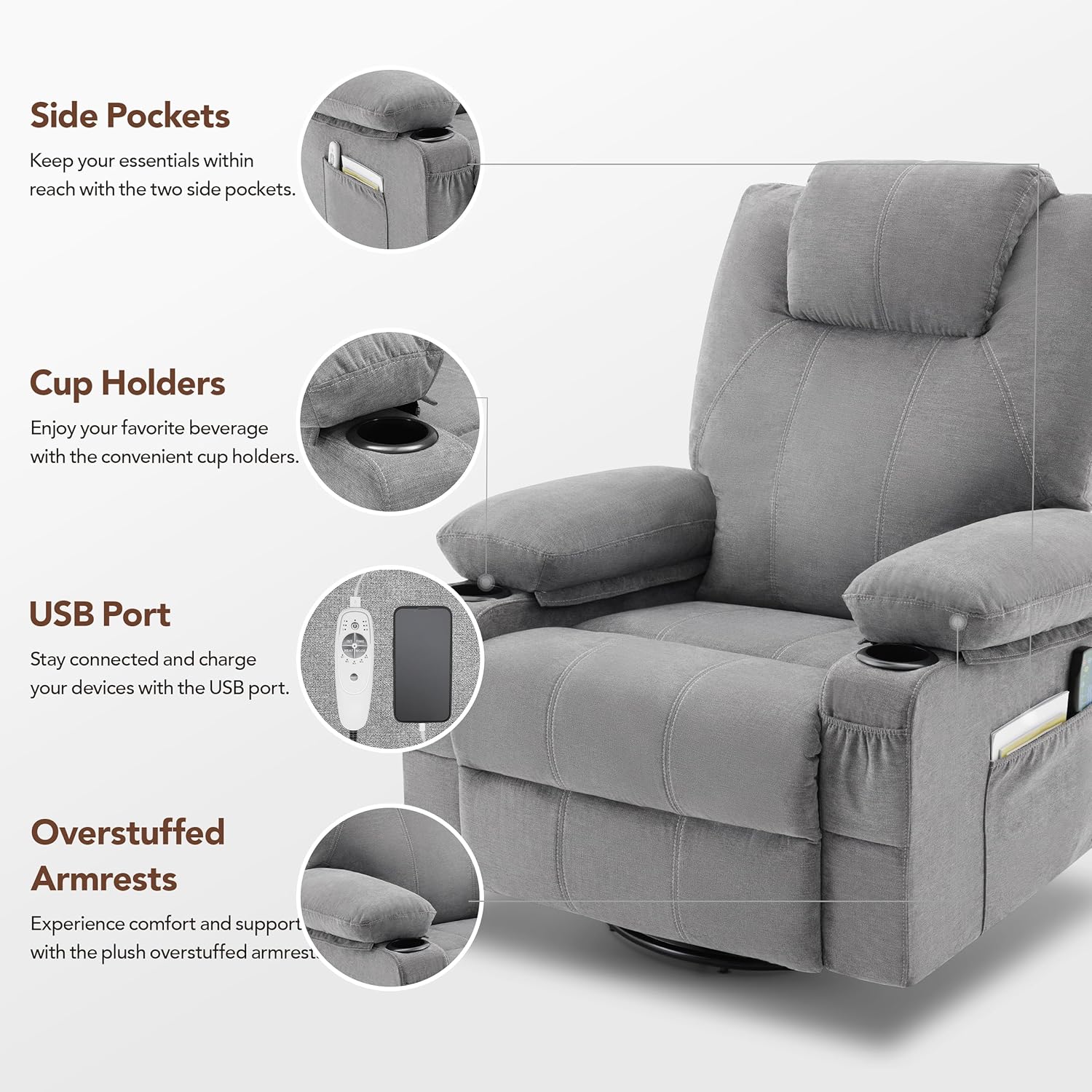 Oversized Swivel Rocker Recliner Chair with Heat and Massage, 360 Degree Swivel Rocking Single Sofa with Cup Holders and USB Port, Large Big Recliner Chair for Living Room (Leather, Brown)