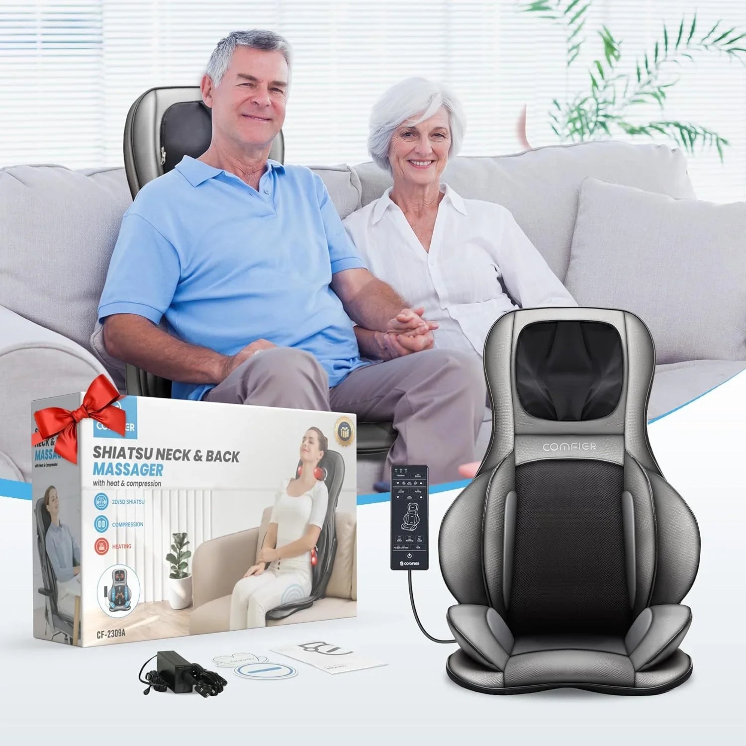 COMFIER Massager Chair with Heat Shiatsu Neck Back Massager Portable with Compress & Rolling Massage Chair Pad for Full Back Neck & Shoulders Full Body Pain