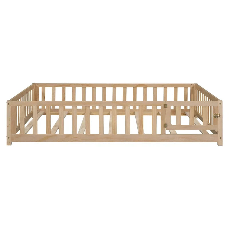 Kids' Full-Size Wooden Floor Bed with Fence and Door
