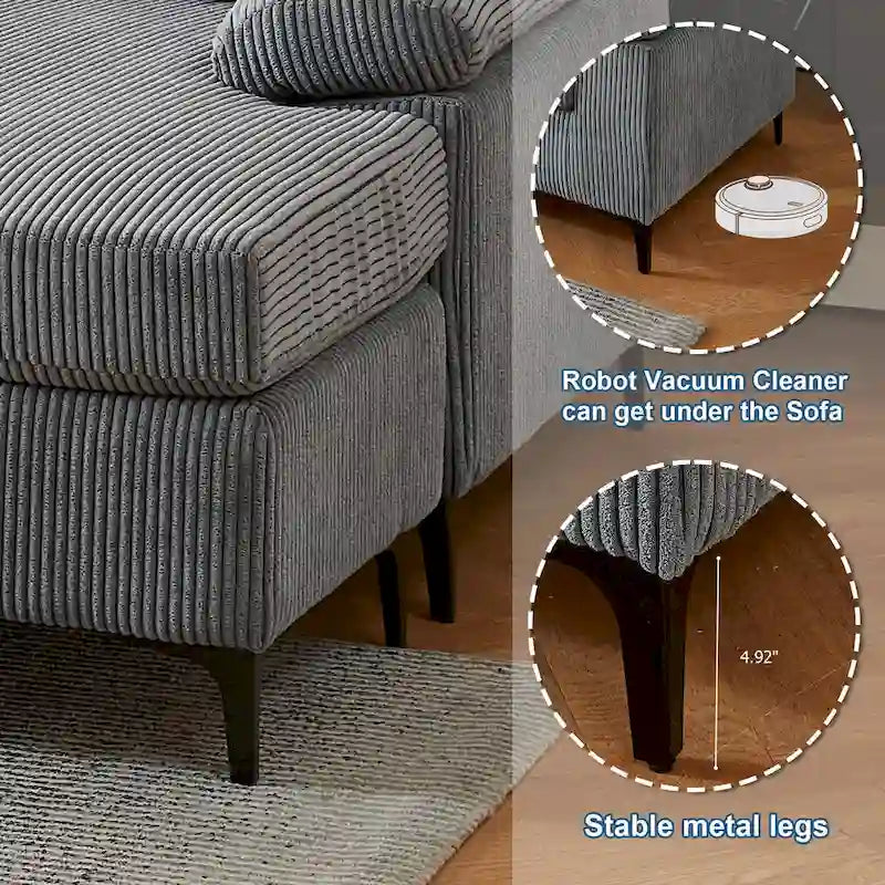 HOOOWOOO Reversible Corduroy Chaise Sofa with Wide Armrests and Ottoman for Living Room