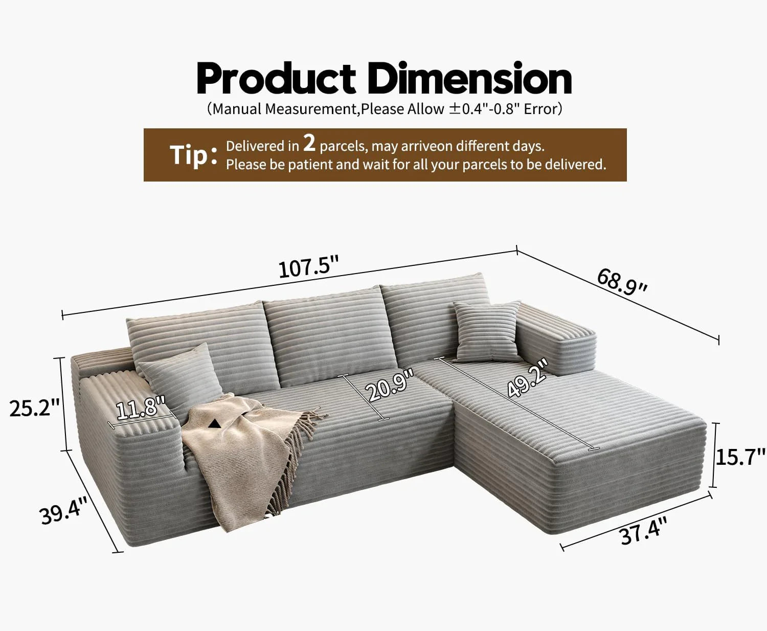 107.5" Cloud Modular Sectional Sofa Couch with L-Shape Chaise,Modern Minimalist Upholstered Couches for Living Room Bedroom,Deep Seat Corner Couch .No Assembly Required (Black,Left Facing Chaise)