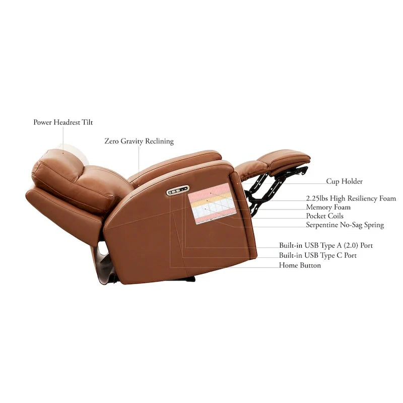 Hydeline Venice Zero Gravity Power Recliner with Adjustable Headrest and Cup Holder in Top Grain Leather