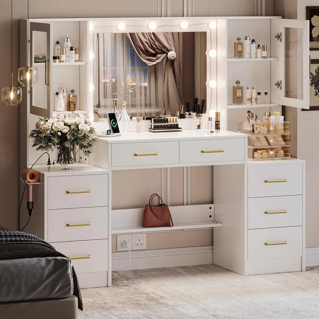 Black Vanity Desk with Mirror, Lights & Charging Station, 58.3" 3 Lighting Modes