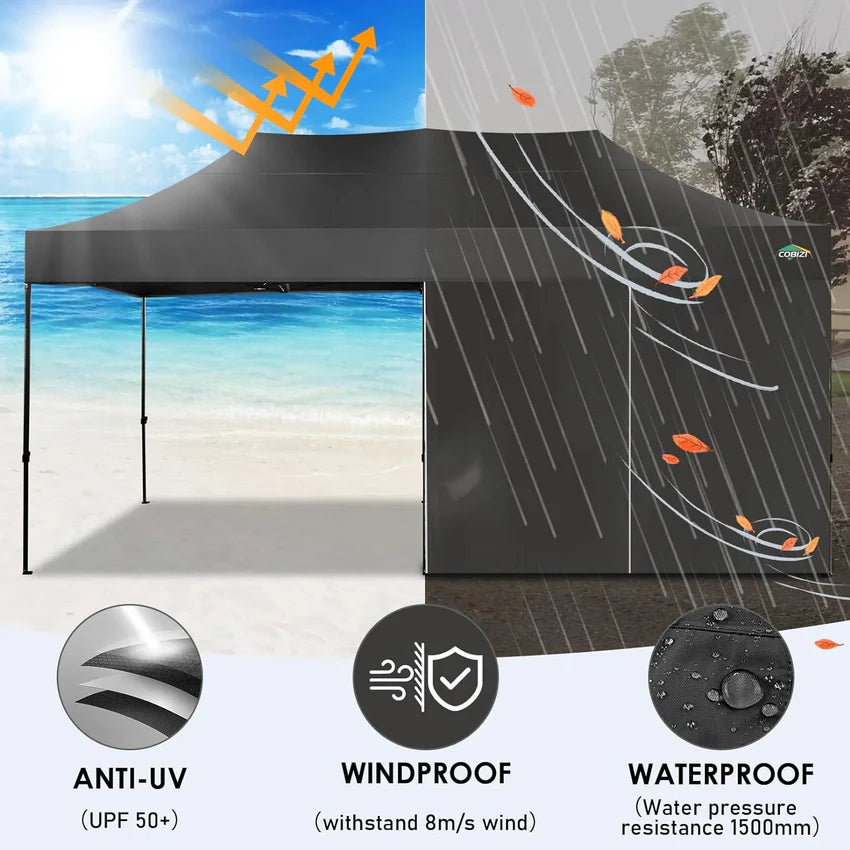 COBIZI 10x20 Heavy Duty Pop up Canopy Tent with 6 sidewalls Easy Up Commercial Outdoor Canopy Wedding Party Tents for Parties All Season Wind & Waterproof Gazebo with Roller Bag,Black(Frame Thickened)