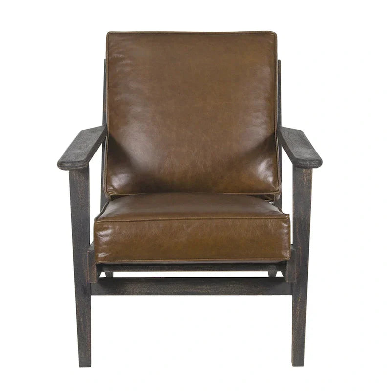 Handcrafted Amber Accent Chair with Slatted Mango Wood, Buffalo Leather Cushions, and Angled Legs