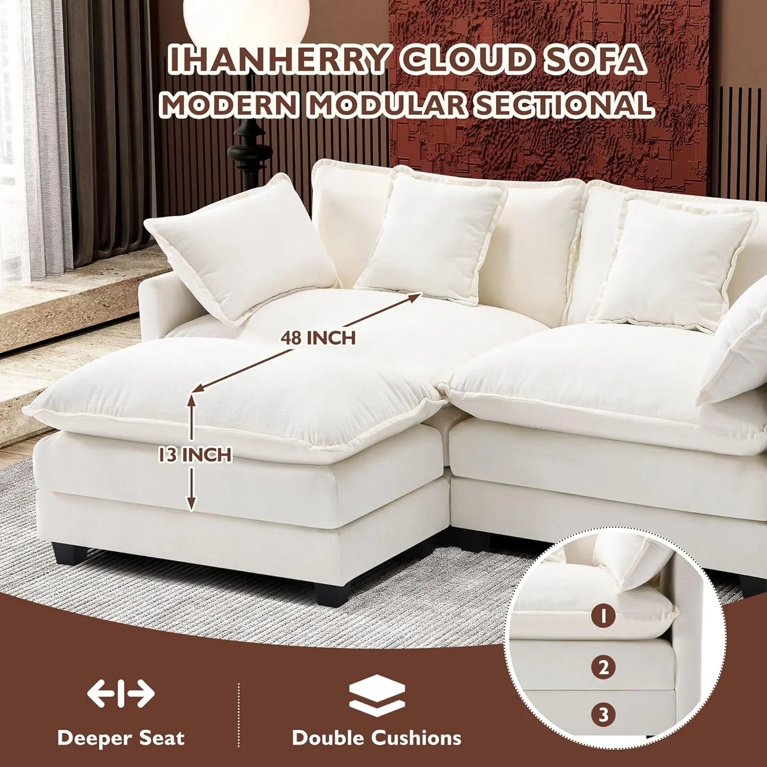 Ihanherry 146" U-Shaped Modern Sofa Modular Sectional Cloud Couch with 2 Ottoman, 6-Seat Chenille Deep Seat Sofa with 6 Pillows for Living Room, Bedroom and Apartment, Grey