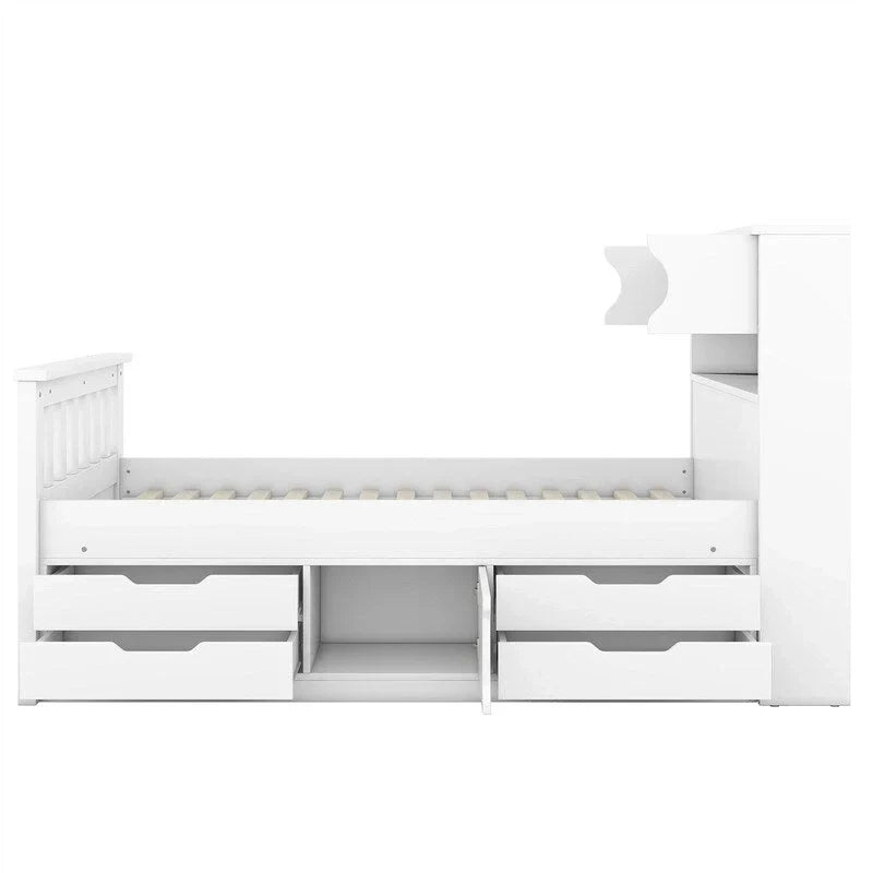Twin/Full Size Captain Platform Bed with 4 Drawers and Storage Shelves, Solid Wood Bed Frame with Storage Bookcase Headboard