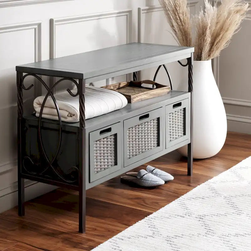 SAFAVIEH Tamuita Antique Pewter Console Table with Dark Walnut Finish - Dimensions: 36 x 13.8 x 24.8 inches