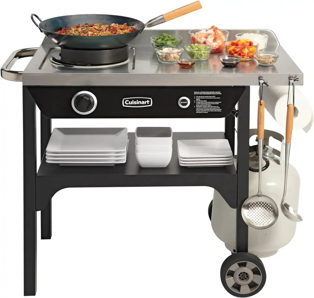 Cuisinart – Outdoor Wok Station, 50,000 BTU Propane Outdoor Wok Burner w Prep Table, 14′′ Carbon Steel Wok for Stir Fry, Searing, BBQ – Black