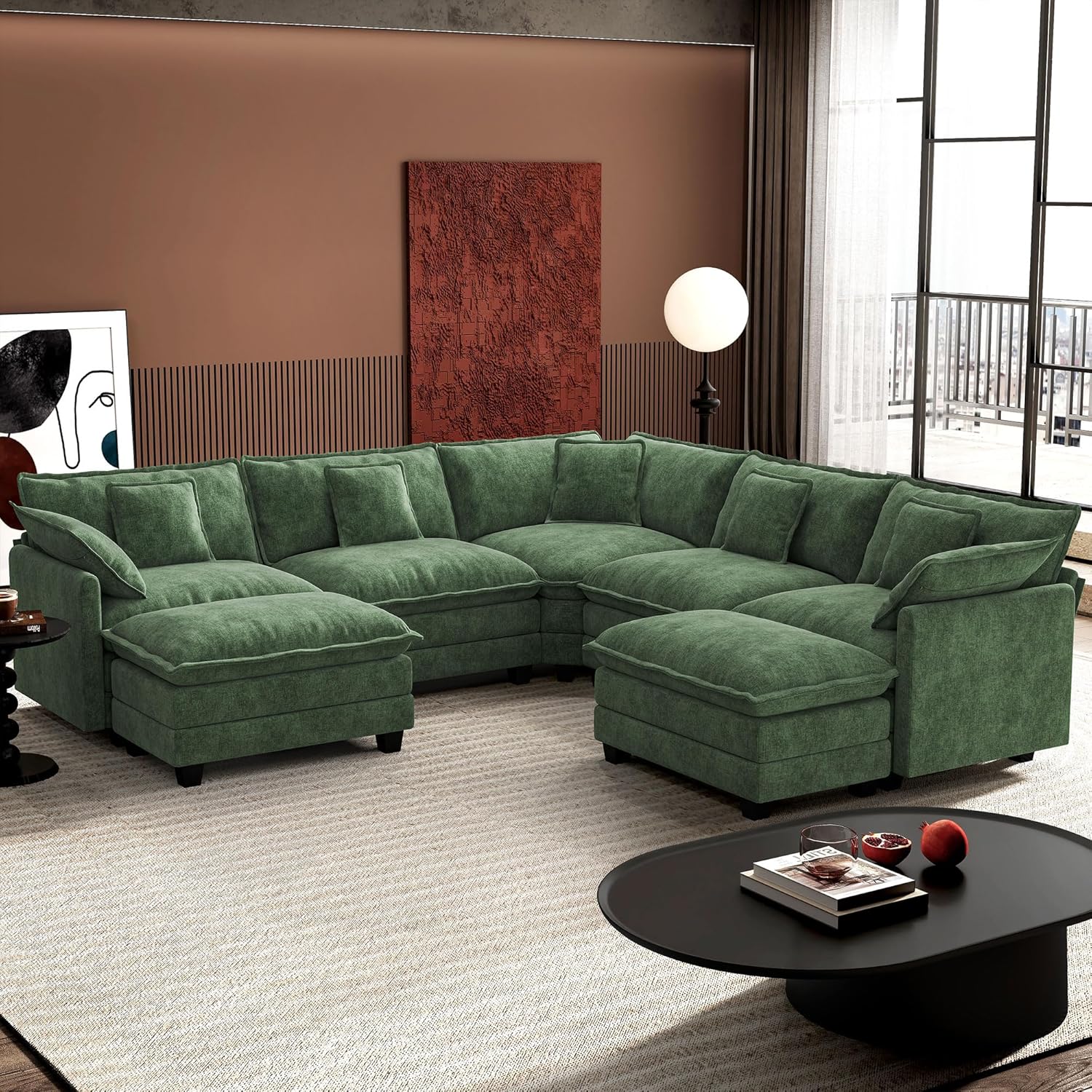 Ihanherry 146" U-Shaped Modern Sofa Modular Sectional Cloud Couch with 2 Ottoman, 6-Seat Chenille Deep Seat Sofa with 6 Pillows for Living Room, Bedroom and Apartment, Grey