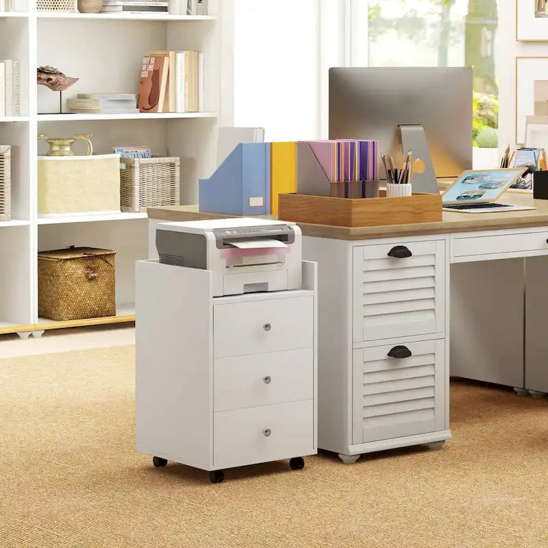 HOMCOM Mobile 3-Drawer Office Storage Cabinet with Removable Tray - Under-Desk Printer Stand on Wheels
