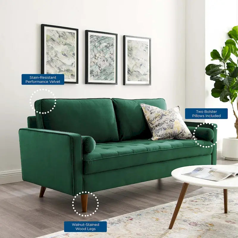 Mid Century Velvet Sofa with Tufted Back and Wooden Legs