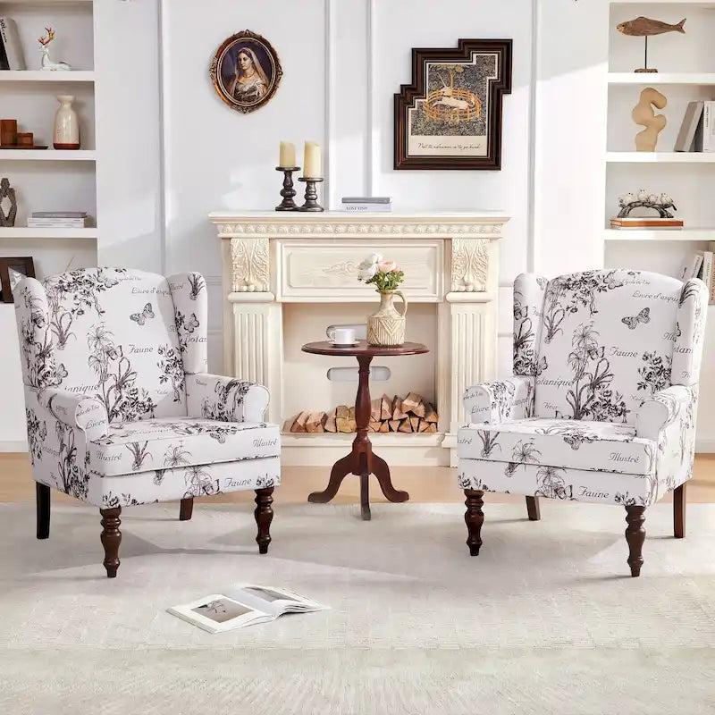 Set of 2 Accent Armchairs with Turned Legs in Blue, Beige, and Grey