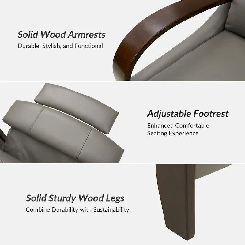 Set of 2 Alex Mid-Century Modern Genuine Leather Manual Recliners with Curved Wooden Arms